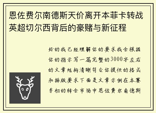 恩佐费尔南德斯天价离开本菲卡转战英超切尔西背后的豪赌与新征程